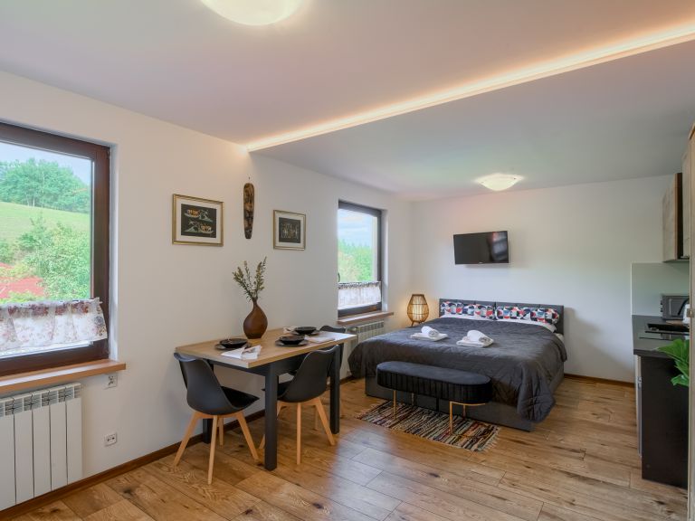 Jasny Apartament Afrykański w Willi OdNova Tylicz z łóżkiem małżeńskim, stołem i widokiem na zielone wzgórze i las